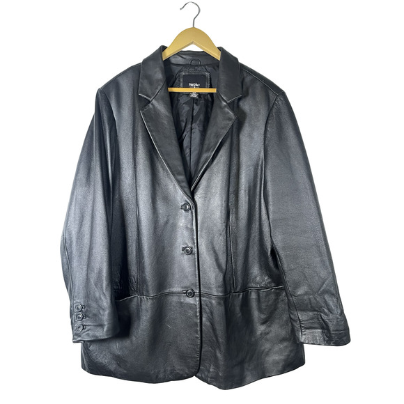 Mossimo Genuine Leather Blazer Jacket Womens 24W Black 3 Button Notch Lapel - Picture 1 of 10